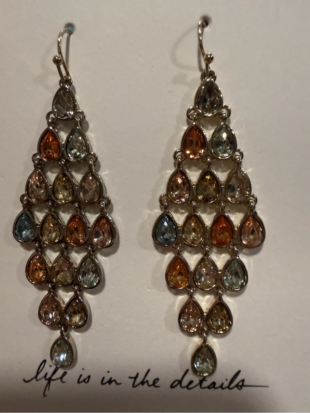 LOFT Multicolor Crystal Teardrop Chandelier Earrings Silver Tone NWT